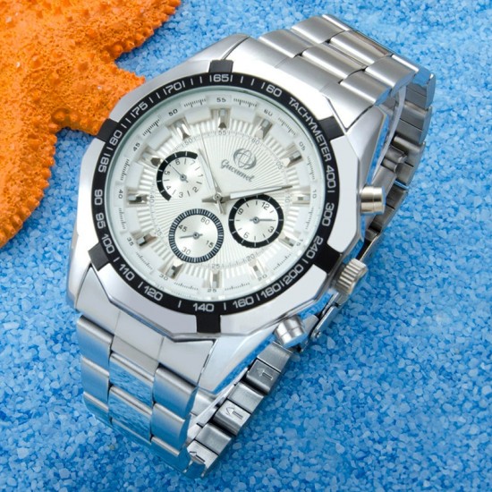 Fashionable business black dial mechanical watch with silver steel strap