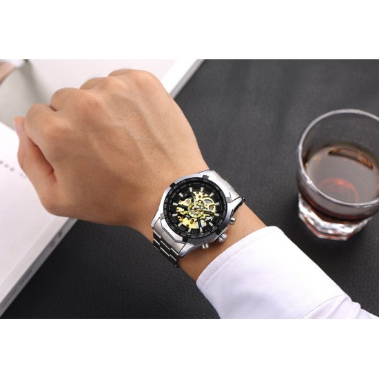 Fashionable business black dial mechanical watch with silver steel strap