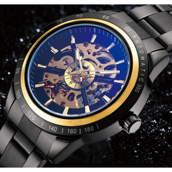 Fashionable Men's Steel Strap Watch Black Gold Dial