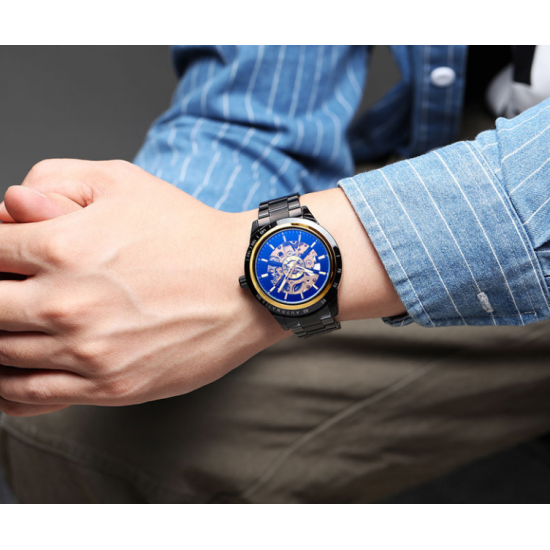 Fashionable Men's Steel Strap Watch Black Gold Dial