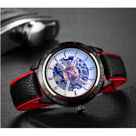 Men's Business Fashion Waterproof Mechanical Watch Black Gold Steel Band