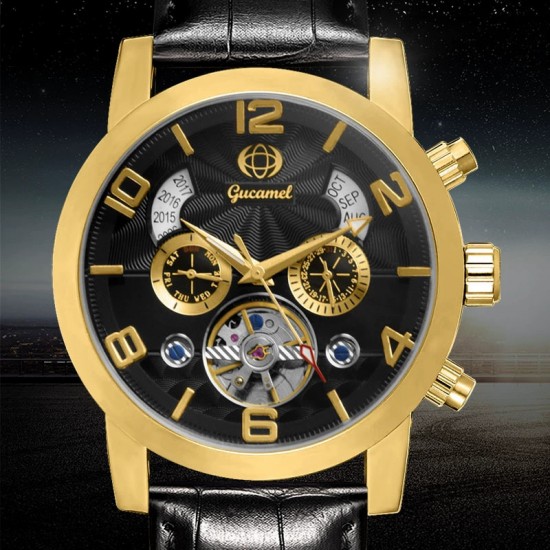 Multifunctional Fashion Black Gold Men's Watch Leather
