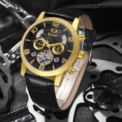 Multifunctional Fashion Black Gold Men's Watch Leather