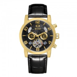 Multifunctional Fashion Black Gold Men's Watch Leather