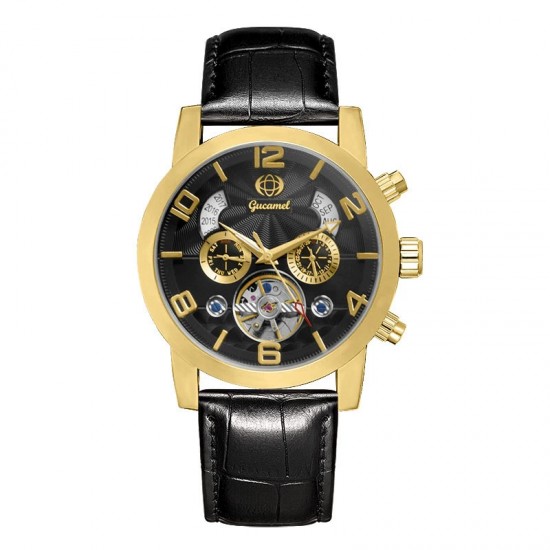 Multifunctional Fashion Black Gold Men's Watch Leather