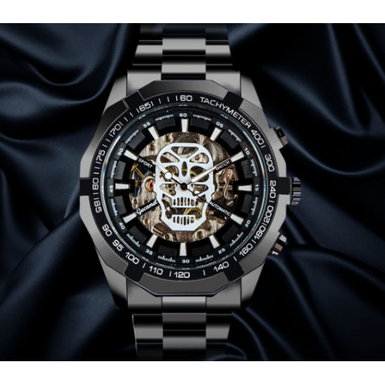 Multifunctional Fashion Skull Men's Watch Black Dial Steel Strap
