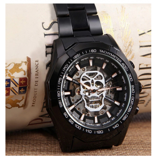 Multifunctional Fashion Skull Men's Watch Black Dial Steel Strap