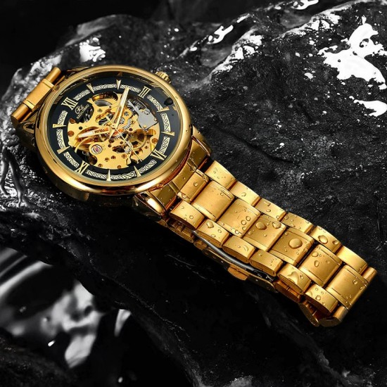 Noble top grade gold fashion watch mechanical watch steel strap men